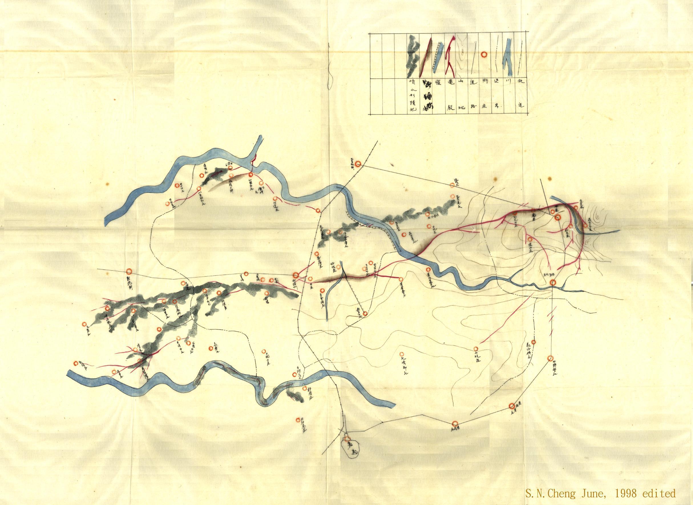 1906年梅山地震地變分佈圖，地震後臺北測候所將詳細的地變情形，以毛筆採繪在A1的棉紙上，原圖現收藏於中央氣象局，原作者不詳。(根據鄭世楠等, 1997；鄭世楠等, 1999)